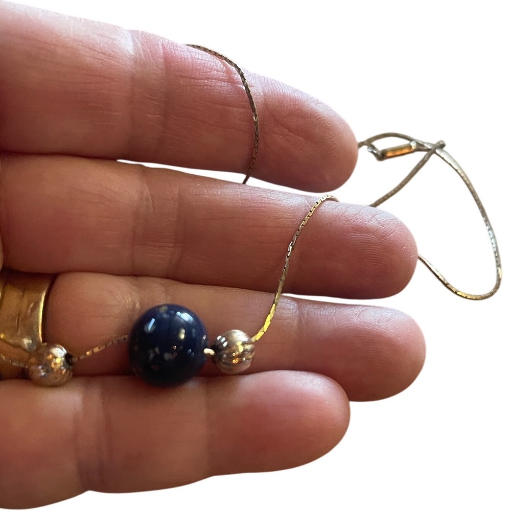 Gold Tone Dainty Necklace Blue Art Glass Bead Celestial Speckle Barrel Pin Clasp - Picture 7 of 8
